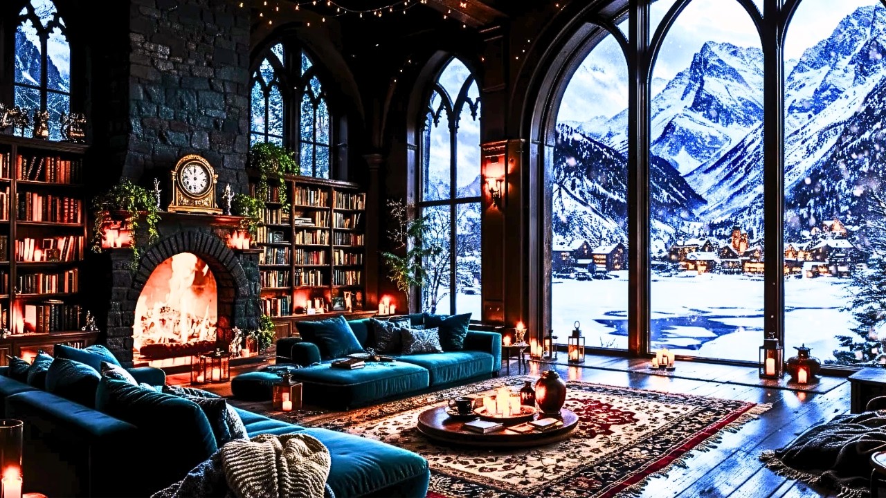 Cozy Library Ambience with Fireplace & Heavy Snowstorm ❄️ Dark Academia ASMR for Studying & Sleeping