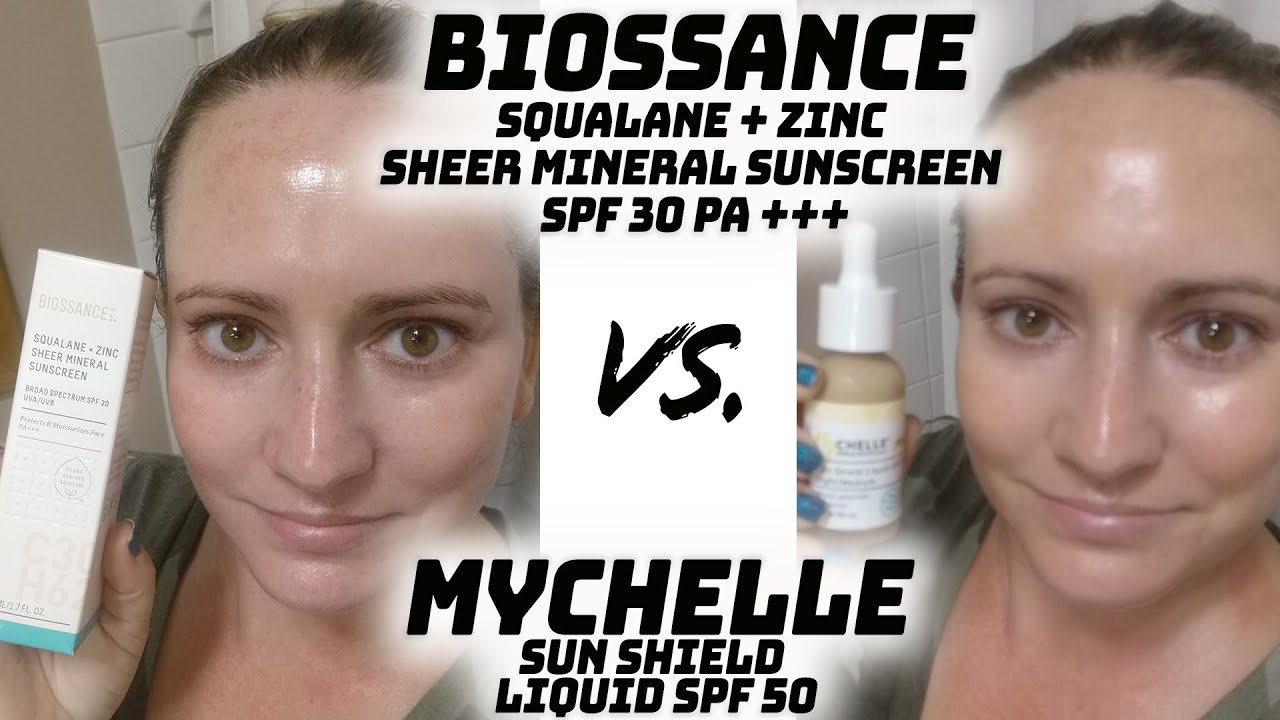 Mychelle Protect Sun Shield Liquid Mineral Sunscreen SPF VS Biossance Squalane + Zinc Sheer SPF 30