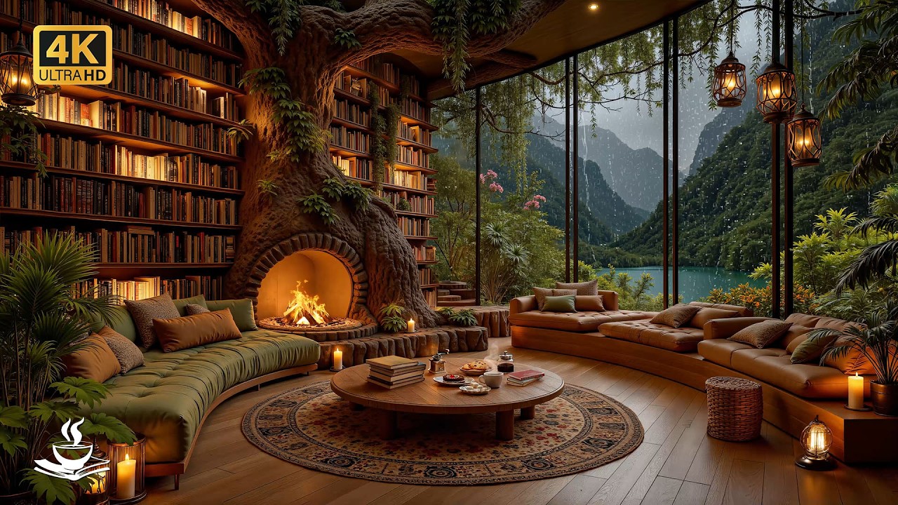 Rainy Treehouse Library Jazz with Hearthlight | Long Reading Hours, Thoughtful Study & Candleglow