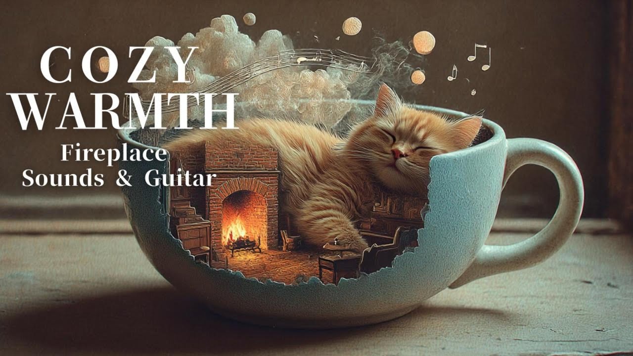 【Playlist】Cozy Fireplace & Sleeping Cat Ambience 🐈Warm Jazz & Acoustic Guitar | Relax, Sleep, Study🔥