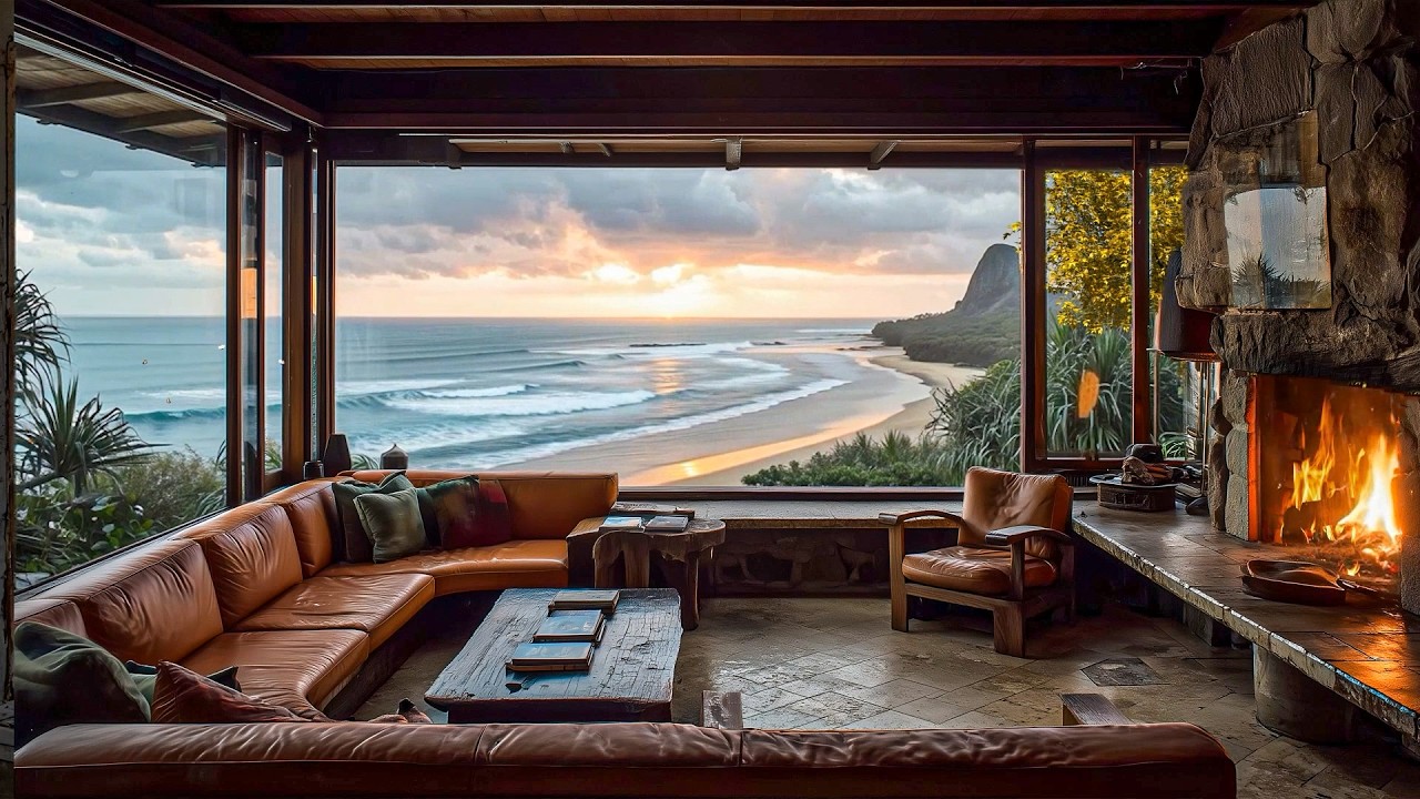 Golden Hour at the Ocean Cabin 🌅🌊 Fireplace Glow & Rolling Waves for Deep Rest, Focus and Sleep