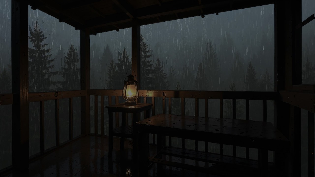 Find peace in the misty forest with the sound of heavy rain on the balcony roof