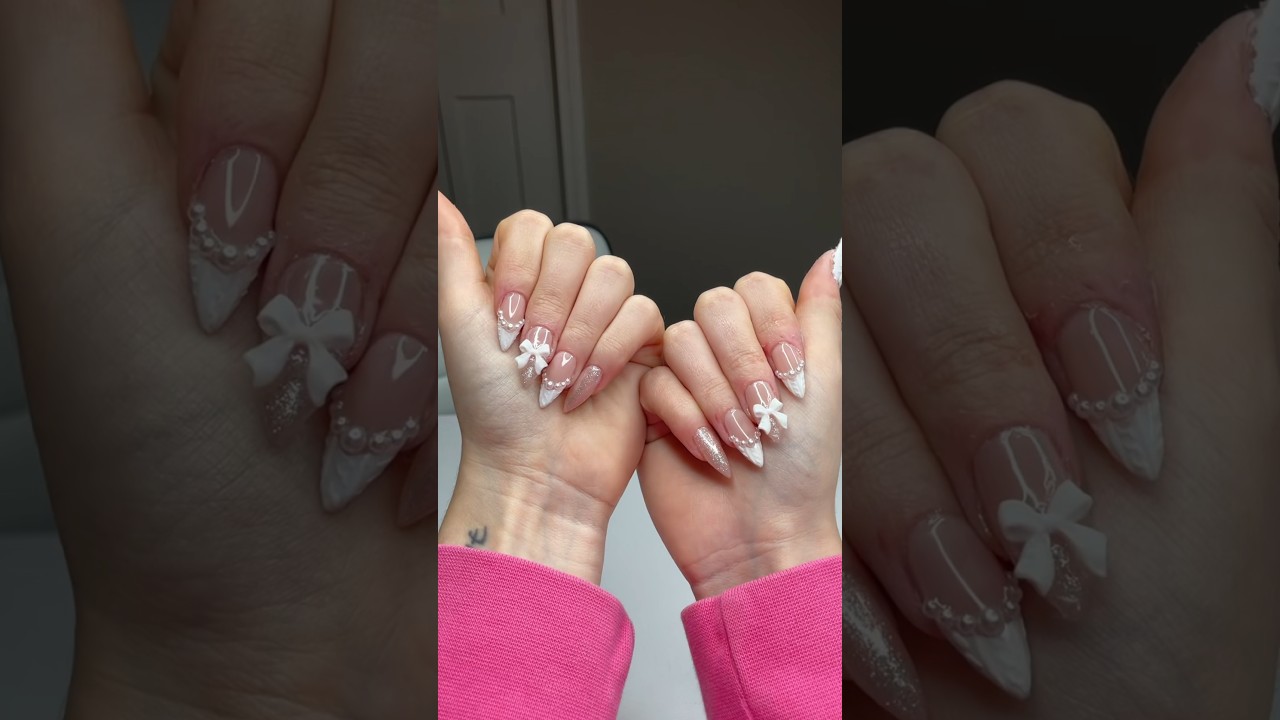 white coquette bow sweater glitter gel-x nail set. #bows #coquette #nailtutorial #gelxnails #sweater