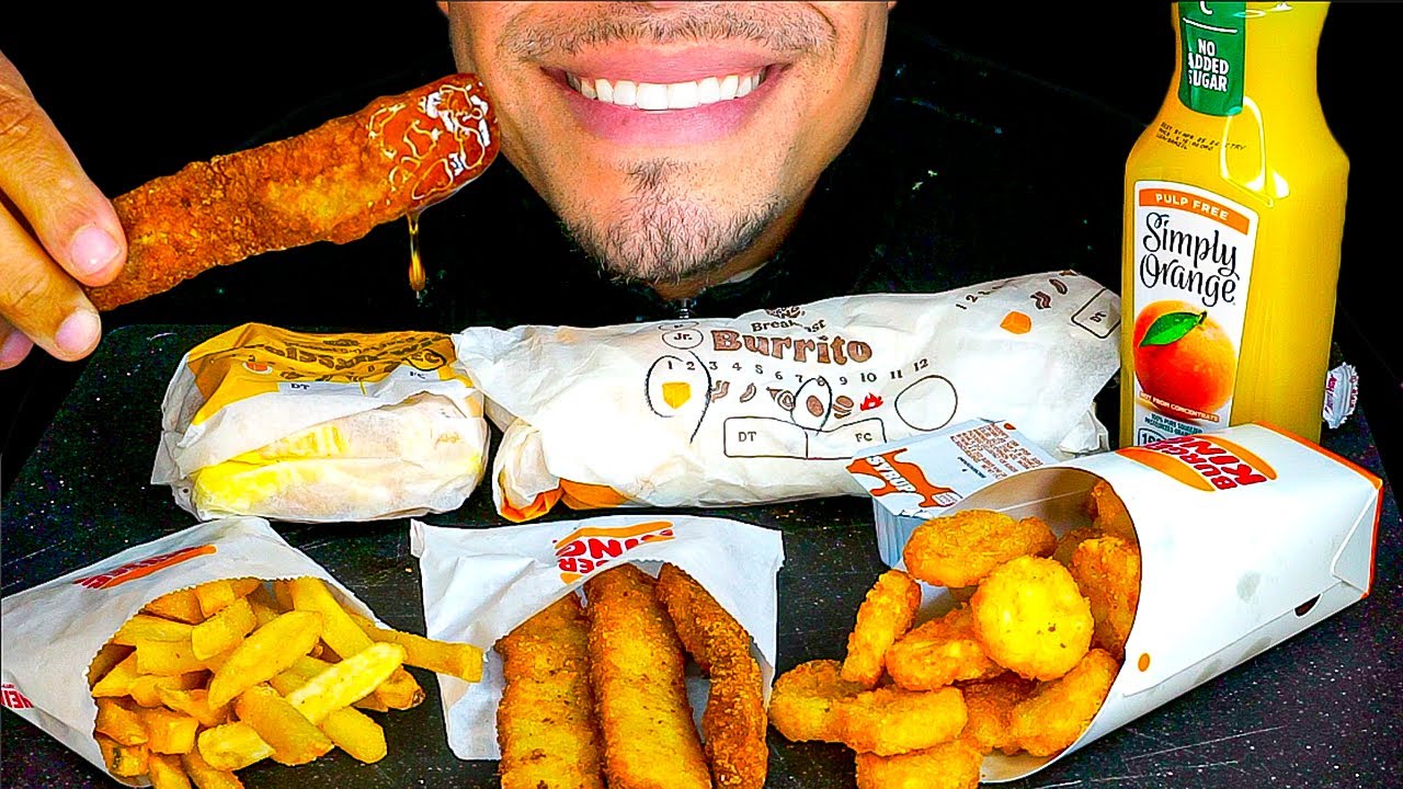 ASMR BURGER KING BREAKFAST MUKBANG CHEESY EGG-NORMOUS BURRITO CRISPY HASH BROWNS FRENCH TOAST STICKS