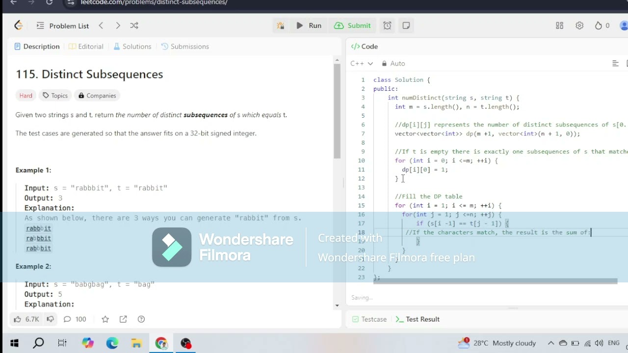 Leetcode.115. Distinct Subsequences problem for Interview #dsa #leetcode115 #hard #whitecoding #dsa