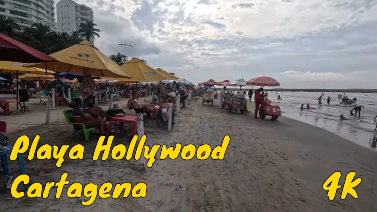 Playa Hollywood | Cartagena [4K] 🚶📹⛱️🌥️❤️🌏 One of the most vibrant and lively beaches in Cartagena
