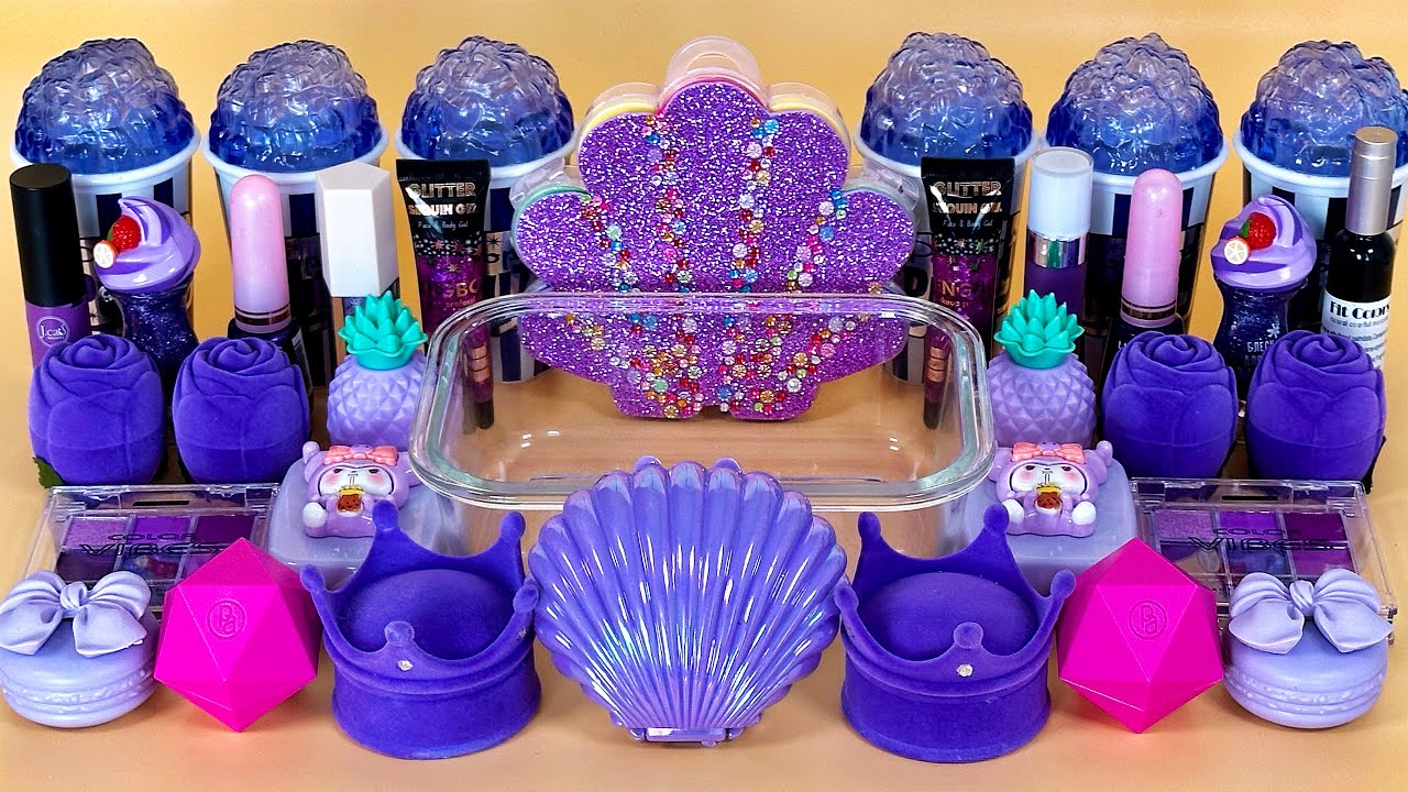 PURPLE SLIME 💜 Mixing makeup and glitter into Clear Slime. Satisfying Slime Video.