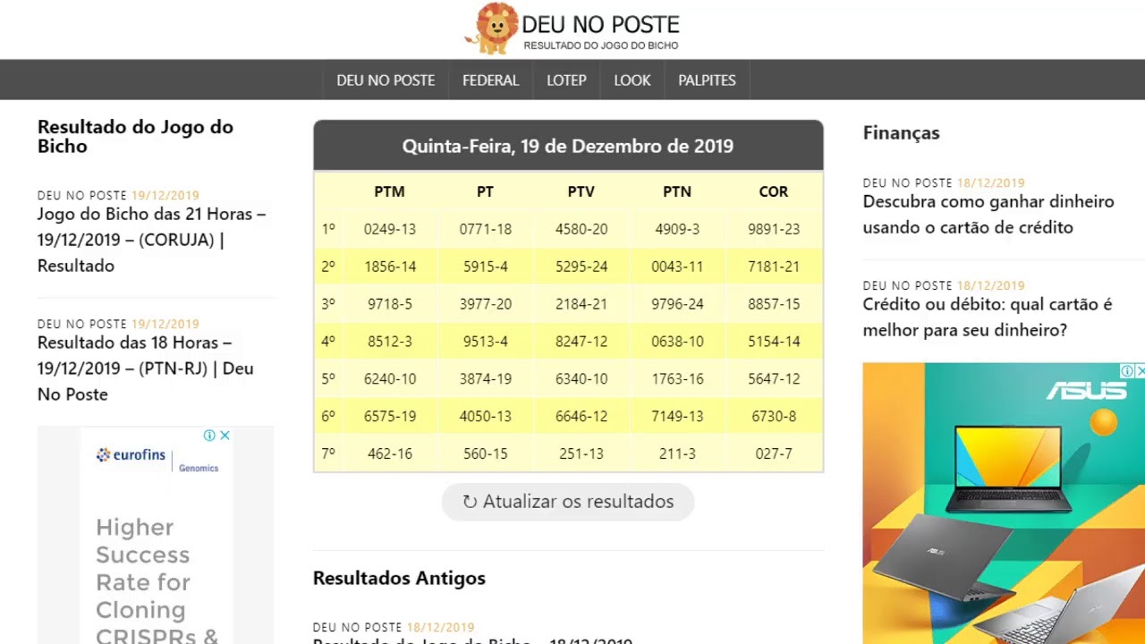 Transmiss&atilde;o ao vivo de Deu No Poste - Resultado do Jogo do Bicho