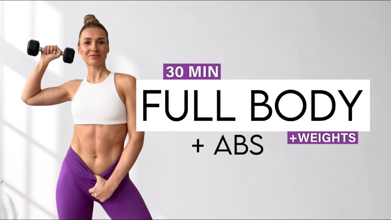 30 MIN TOTAL FULL BODY + AB Workout - No Repeat - with Weights - Home Workout