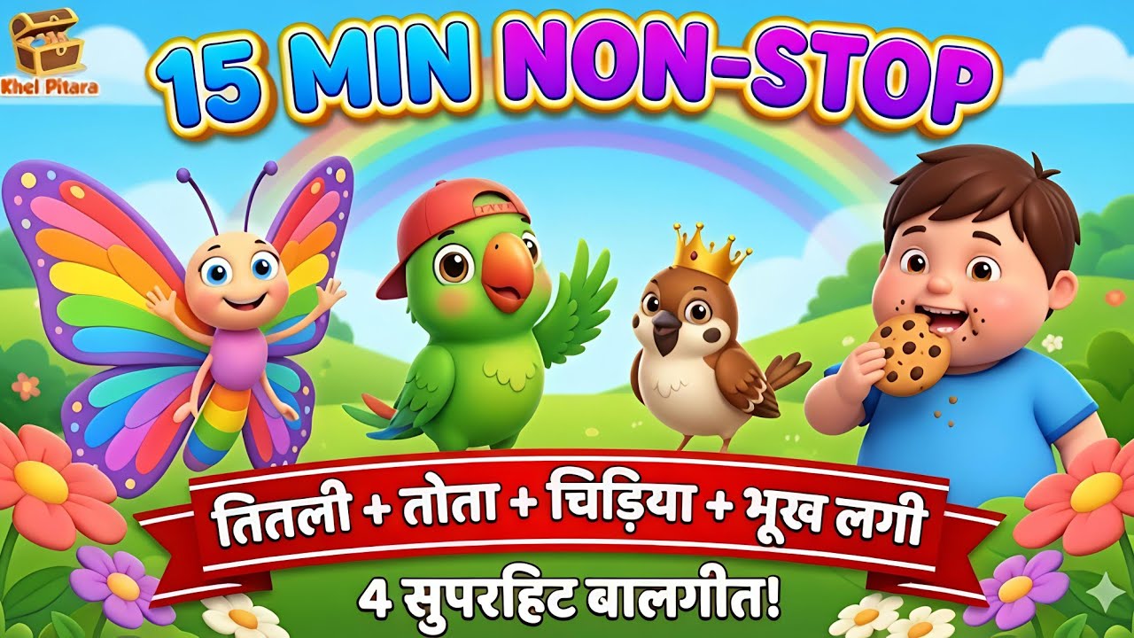 15 Min Non-Stop: तितली, तोता, चिड़िया और भूख लगी 🦜🦋 | Top 4 Hindi Rhymes | Khel Pitara
