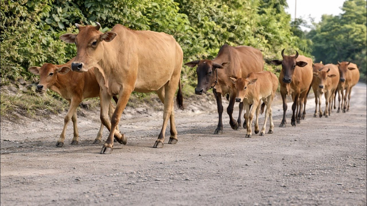 Puluhan sapi lembu jinak sedang berjalan rapi di jalan desa yang tenang
