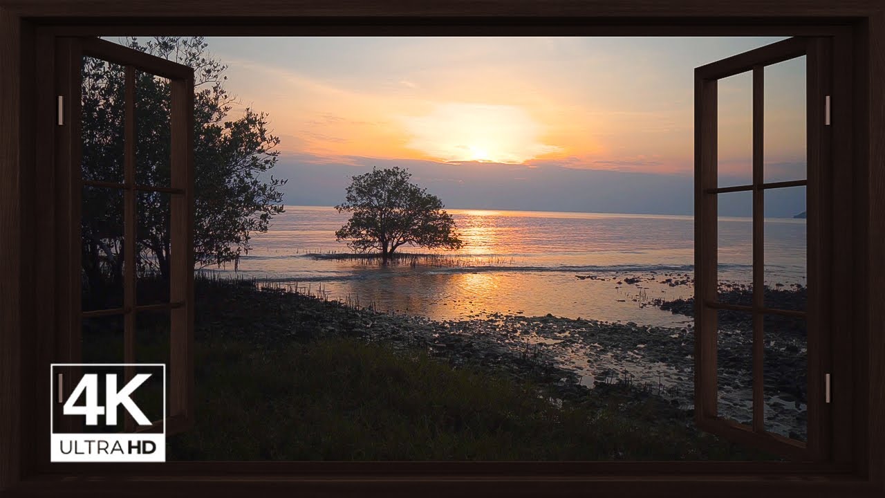 Relax with this 4K Window View of a Beautiful Sunset at a Lake with Soothing White Noise (ASMR)