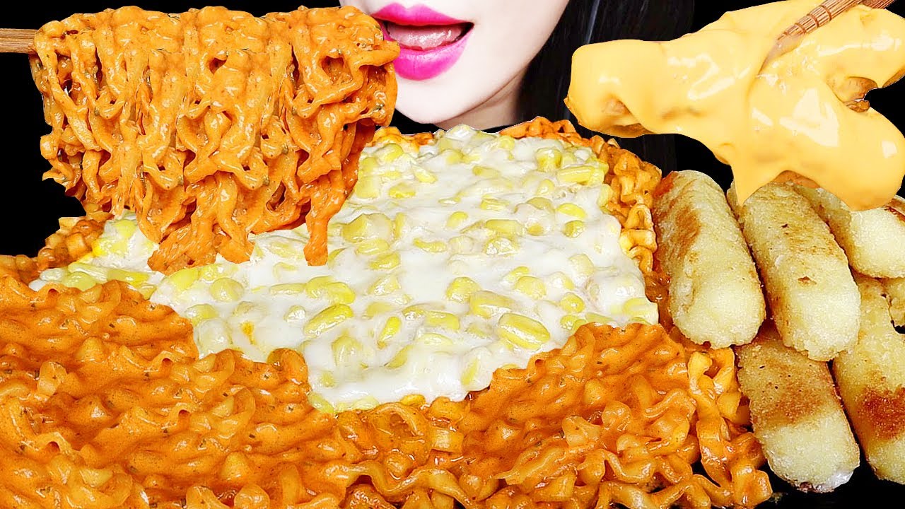 ASMR CHEESY CARBO FIRE NOODLE, MOZZARELLA CHEESE STICKS 까르보불닭 치즈스틱 먹방 EATING SOUNDS MUKBANG