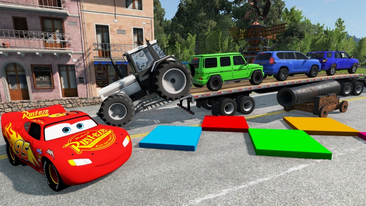 Flatbed Trailer McQueen Transportation with Truck - Speedbumps vs Cars vs Train - BeamNG.Drive #2
