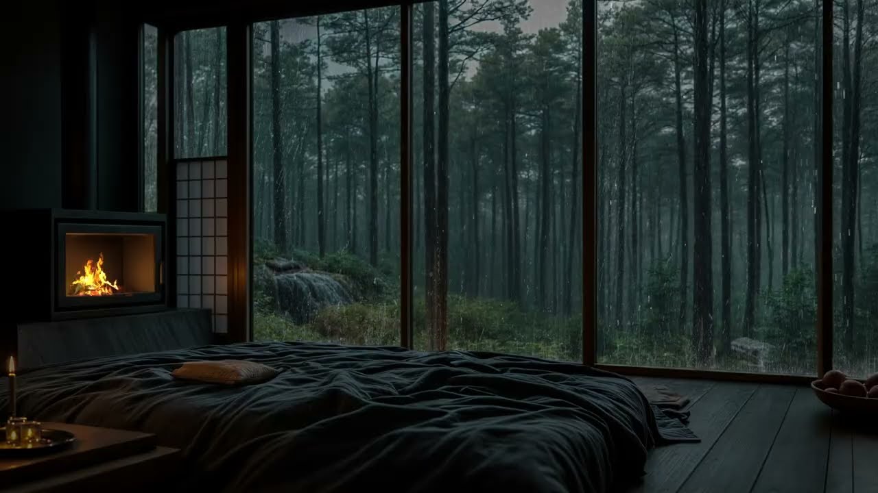 🌧️ Rainy Night in a Japanese Forest House | Cozy Fireplace & Zen Ambience for Deep Relaxation