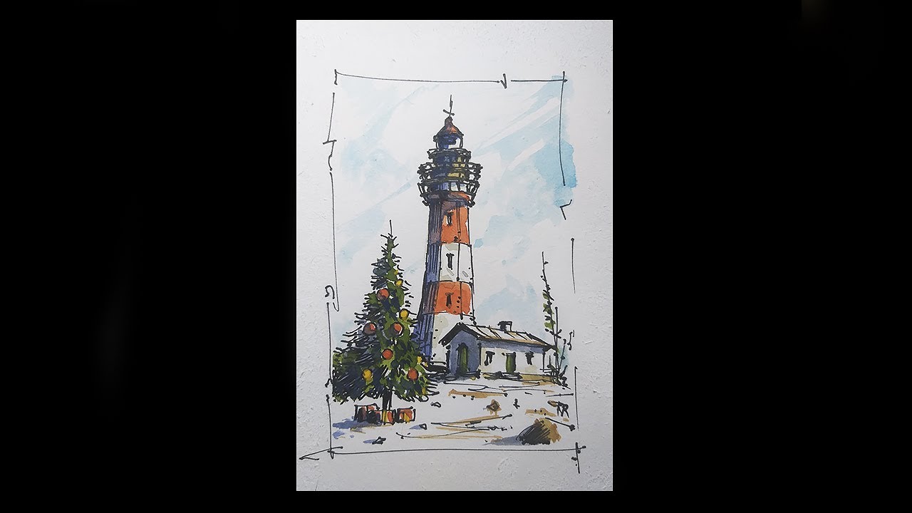 🖋️🎨 Line and Wash Watercolor: Christmas Lighthouse By Nil Rocha TUTORIAL