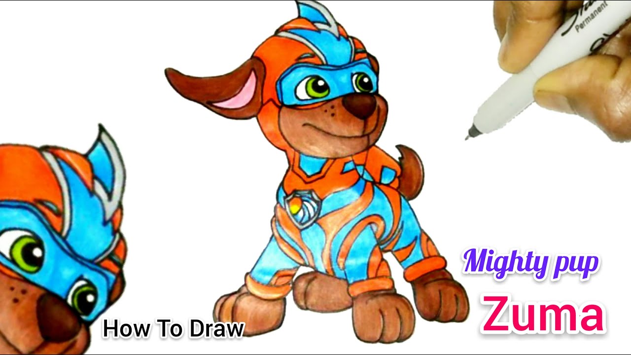 How To Draw + Colour Mighty Pup Zuma | Mighty Zuma From Paw Patrol  🐶