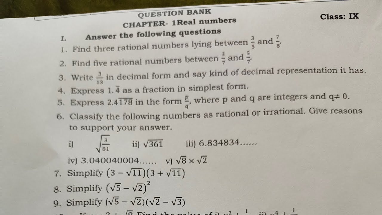 Class 9 Maths chapter 1 Real Numbers question bank#ncert