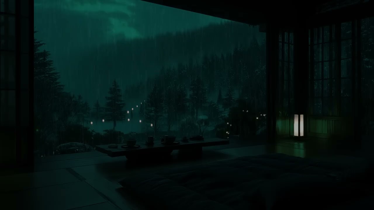 Deep Forest Winter Rain in a Dark Bedroom  No Ads   Peaceful Cabin Ambience for Deep Sleep