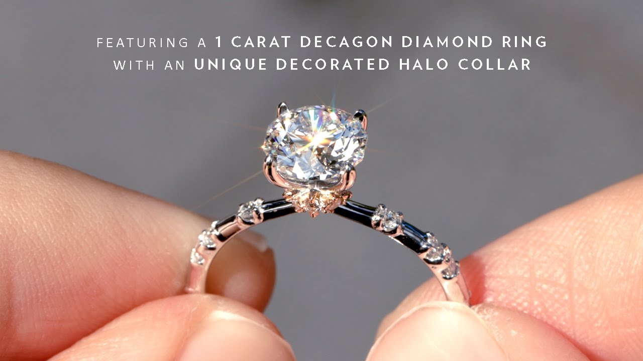 Featuring a 1carat Decagon Diamond Ring with a Unique Decorated halo collar