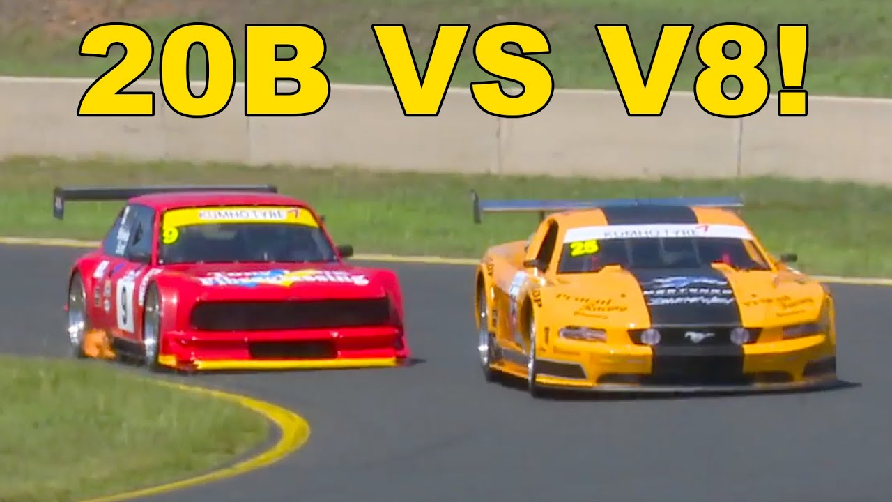 Rotary Vs Piston BATTLE  - 20B Fiat 124 Coupe hounds Trans AM V8 Mustang