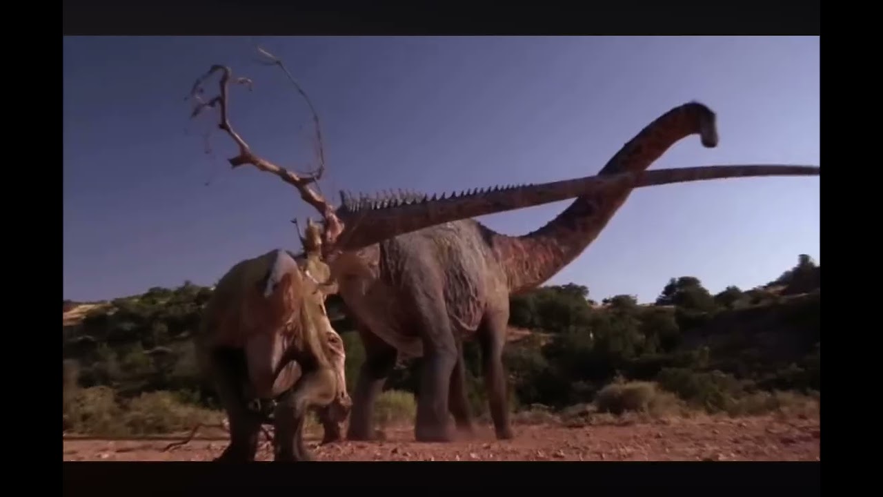 Dinosaur Revolution allosaurus fights dinheirosaurus scene