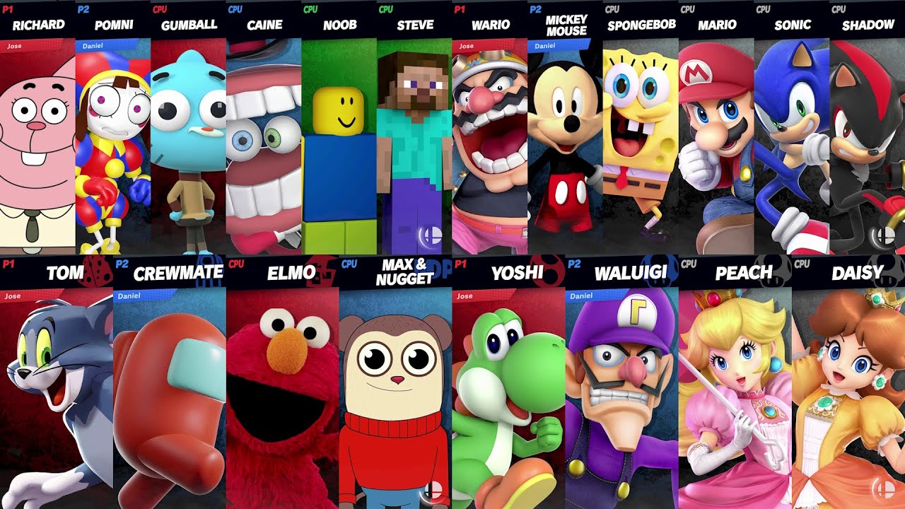 Mario vs Sonic vs Shadow vs Wario | Steve vs Pomni | Max vs Among Us in Super Smash Bros Ultimate
