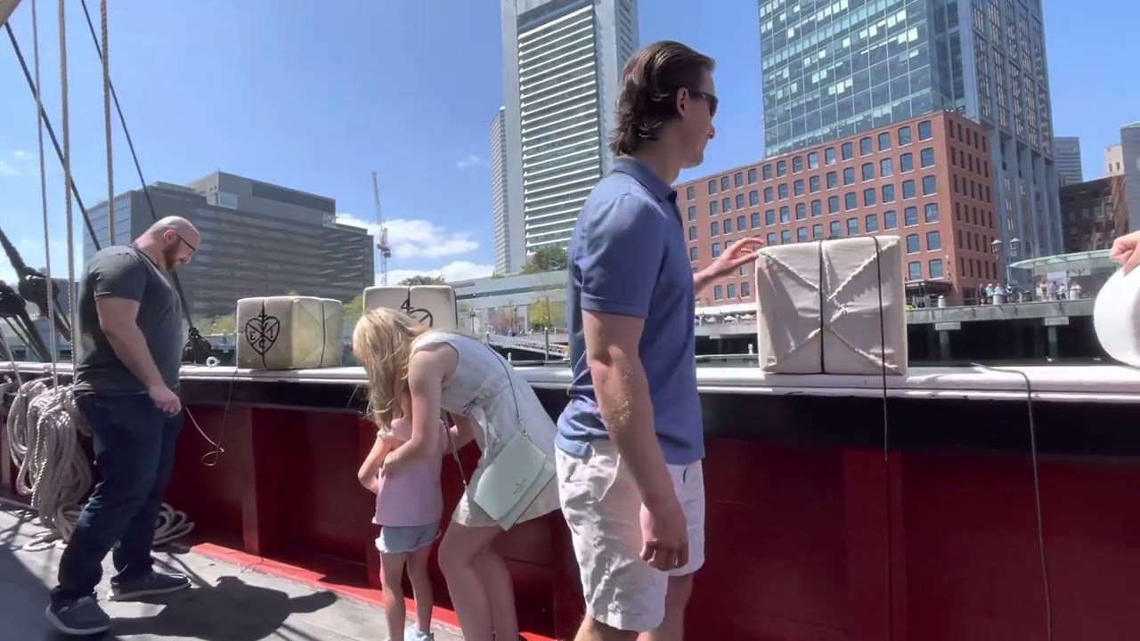 Boston Tea Party tour, pretending to push some dirty British tea into the harbor!