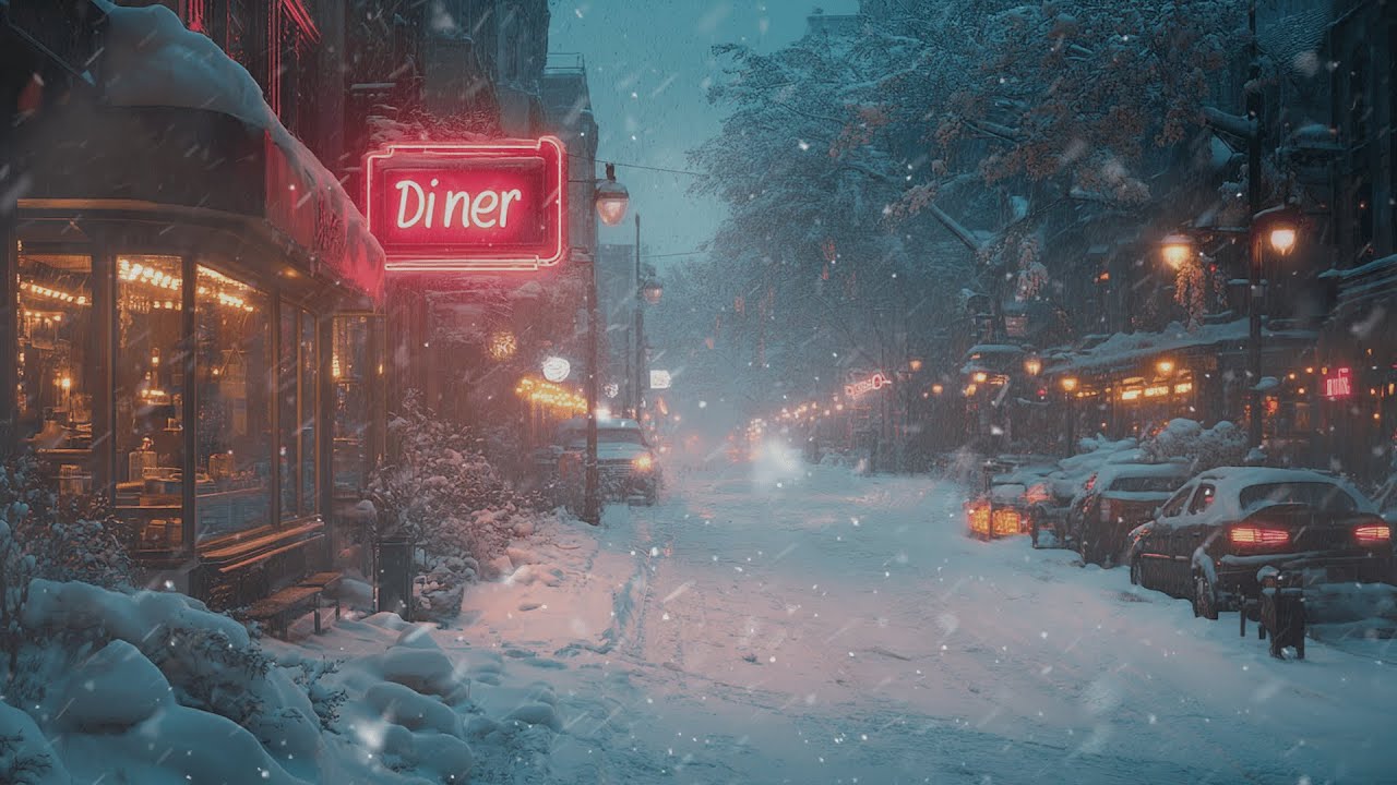 Tranquil Snowy Streets: A Bright Shop Window in the Heart of a Blizzard