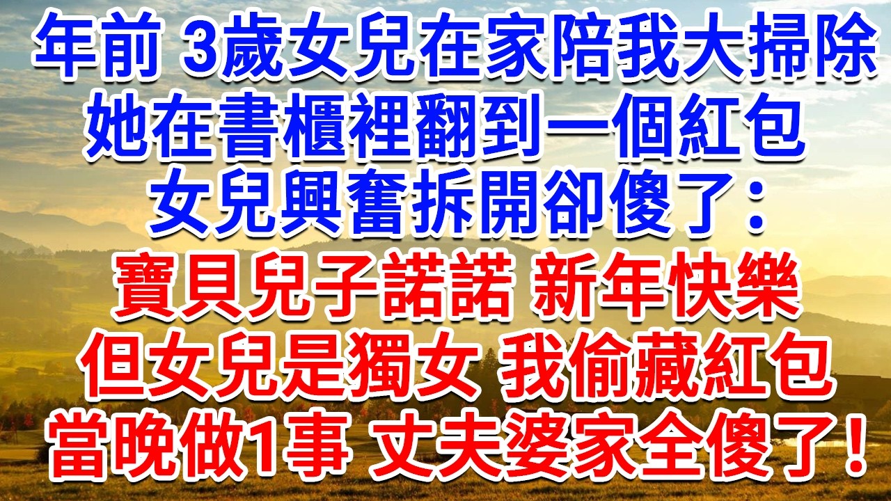 年前3歲女兒在家陪我大掃除，她在書櫃裡翻到一個紅包，女兒興奮拆開卻傻了：寶貝兒子諾諾新年快樂！但女兒是獨女 我偷藏紅包，當晚做1事 丈夫婆家全傻眼了！#生活經驗#情感故事#故事#小說#戀愛#情感#婚姻