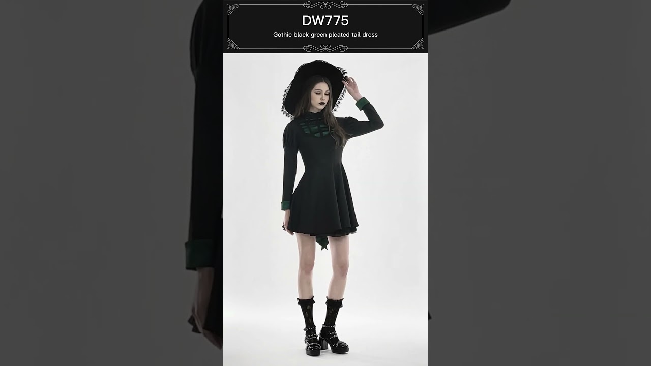 Dark in Love Black Gothic Dress with Green Pleated Bustle Tail - DW775