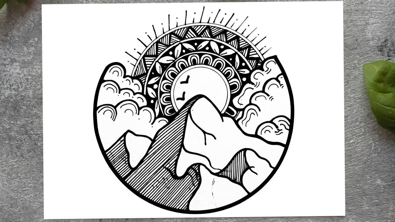 Mountain Sunrise Mandala Drawing | Easy Line Art Sketch | Mandala Art for Beginners