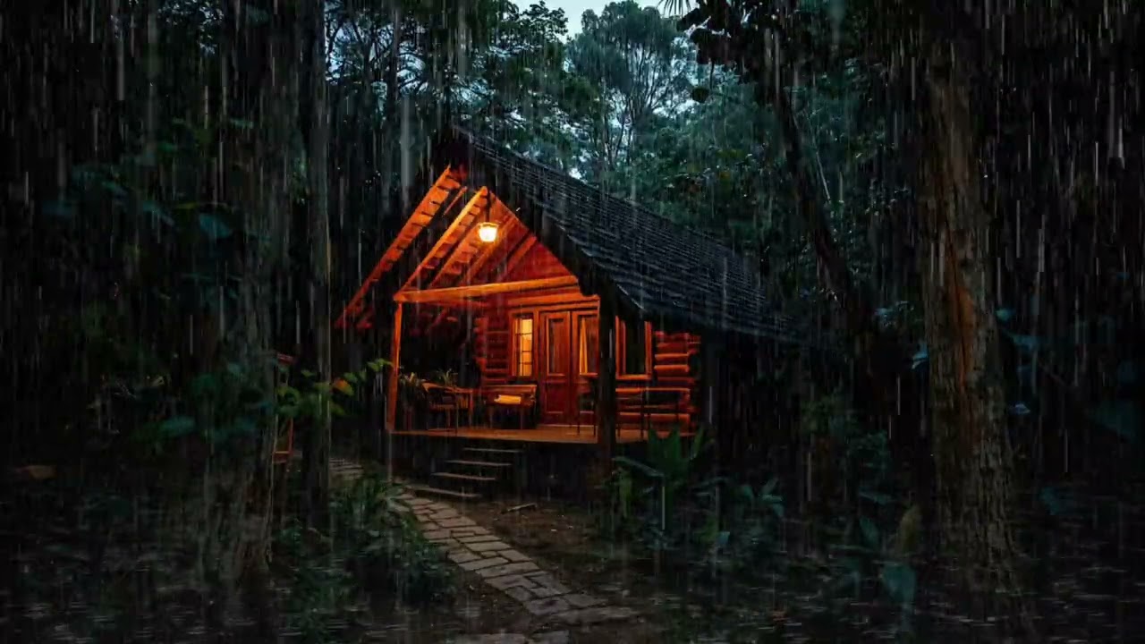 Cozy Cabin Rain Sounds at Night 🌧️ Fireplace & Thunder Ambience for Deep Sleep | 5 Hours ASMR