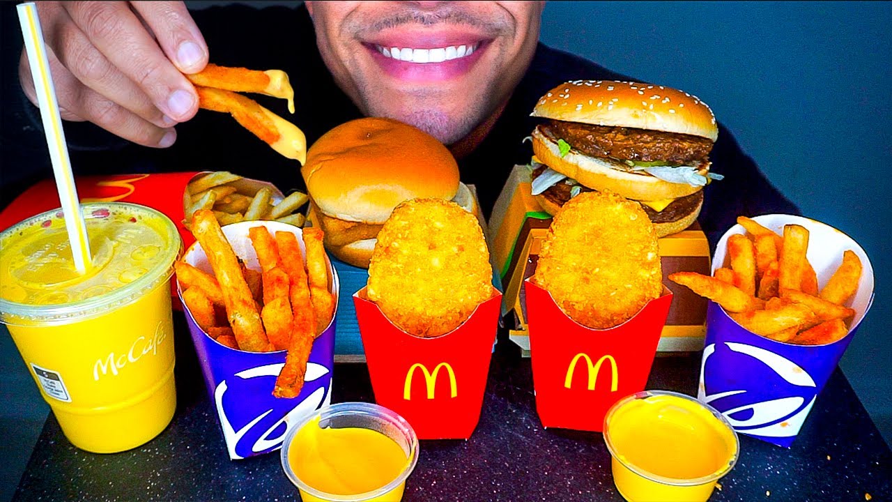 ASMR MCDONALD'S NACHO CHEESE FRIES HASH BROWNS BIG MAC FISH FILET MUKBANG EATING SHOW SOUNDS