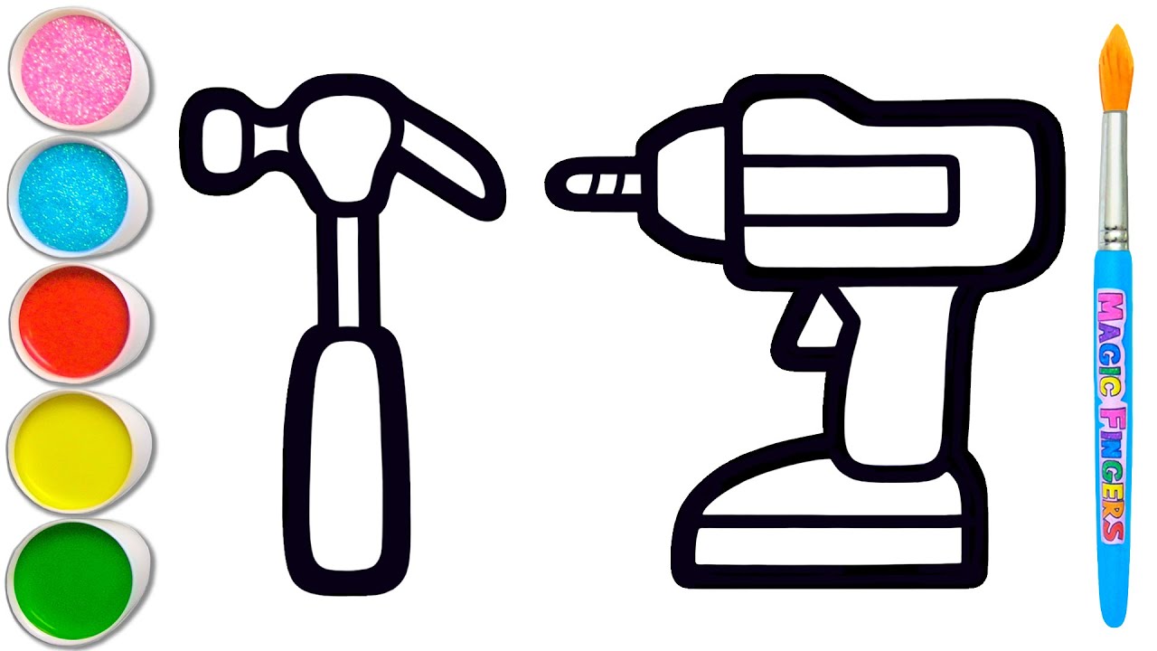 🛠️ Hammer, Drill and 5 More Toy Hand Tools Drawing, Painting, Coloring for Kids, Toddlers #417