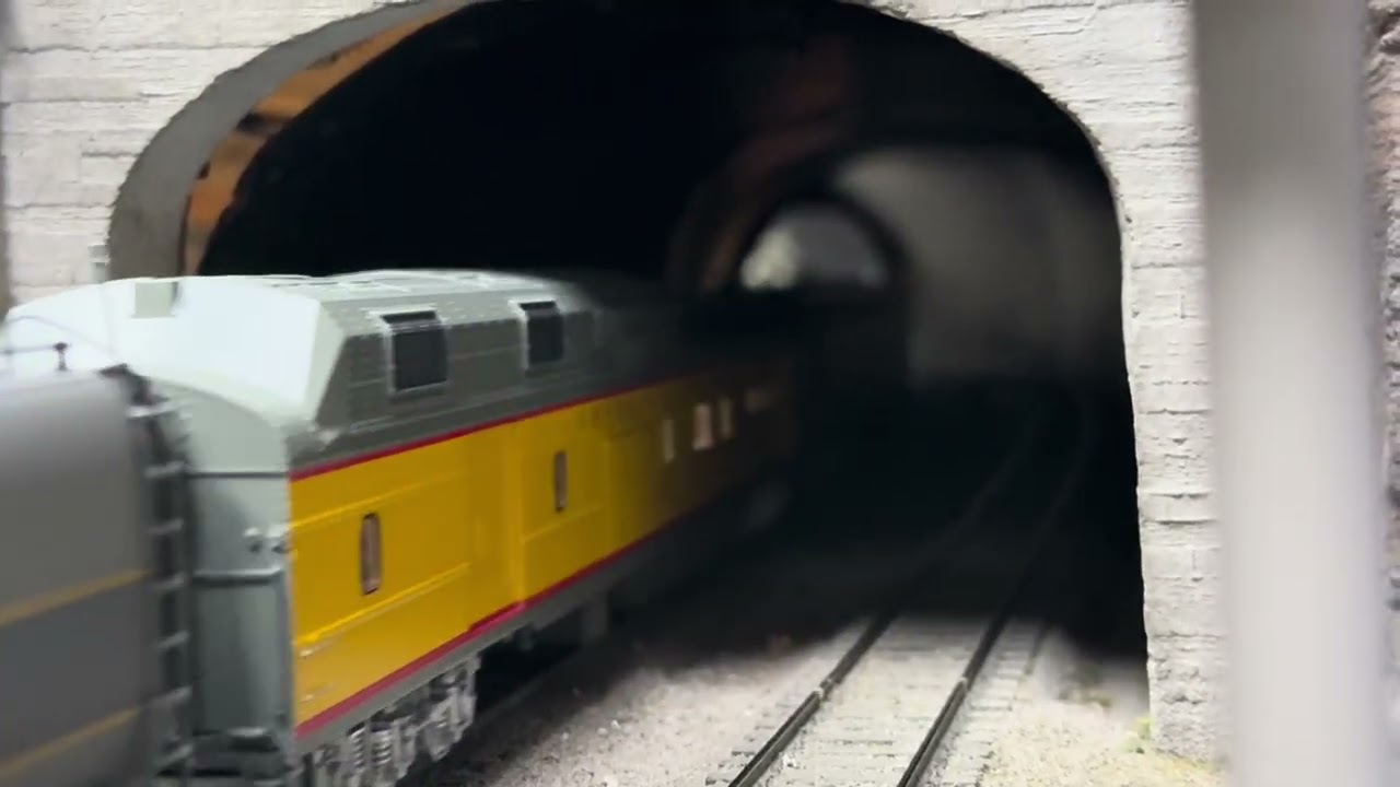 Union Pacific passenger train running through tunnel into Hood River