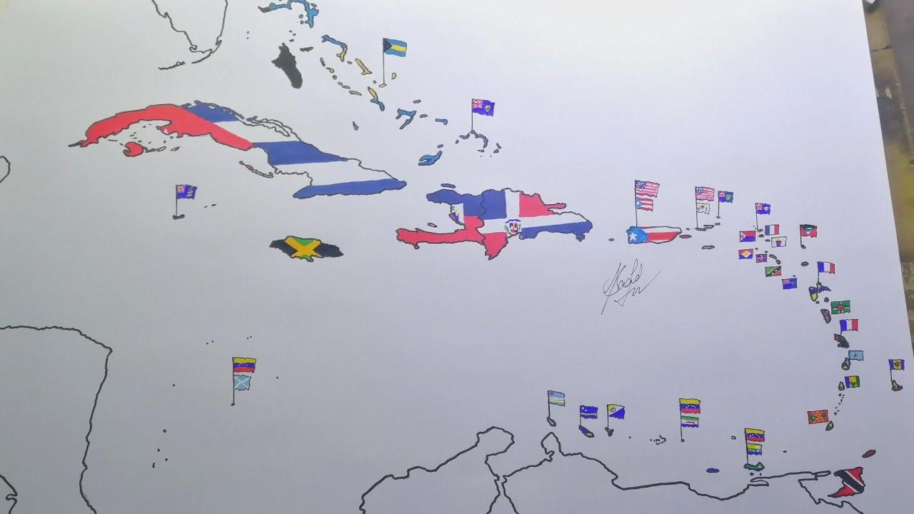 Drawing Caribbean flag map | Flag map drawing of Caribbean countries