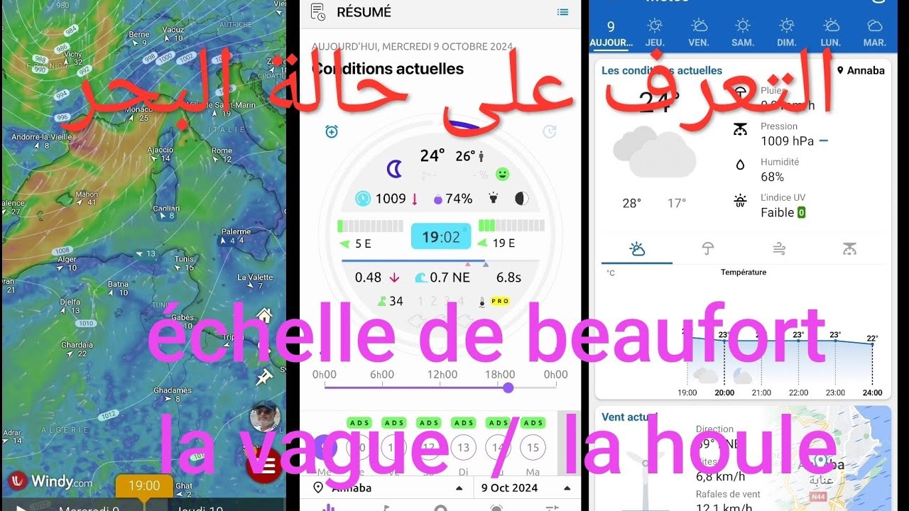 حالة البحر من التطبيق Windy و من l'échelle de Beaufort