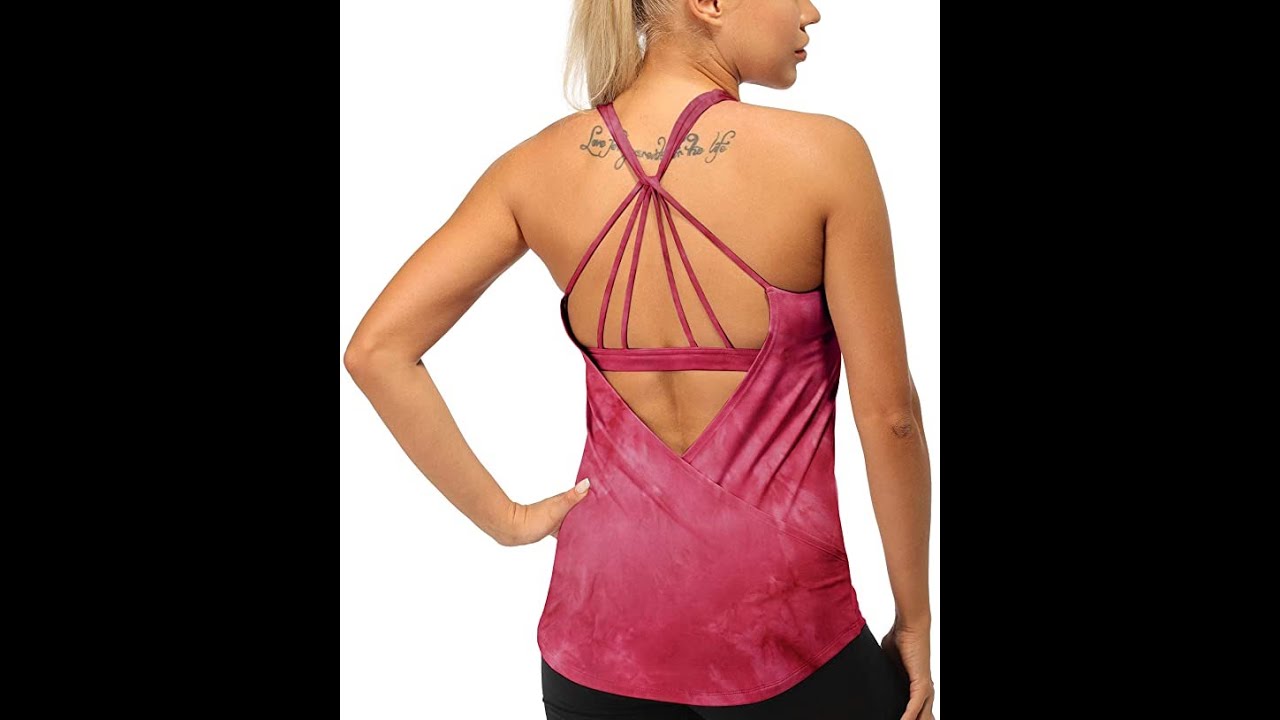 icyzone Built in Bra Workout Tank Tops for Women - Open Back Strappy Athletic Yoga Tops Exercise