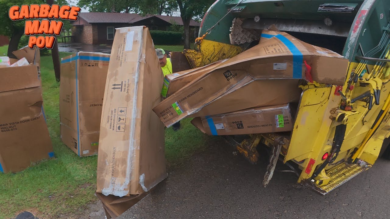 Garbage Truck Collecting Massive CARDBOARD BOXES | Bulk Trash Pickup | 4K Garbage Man POV