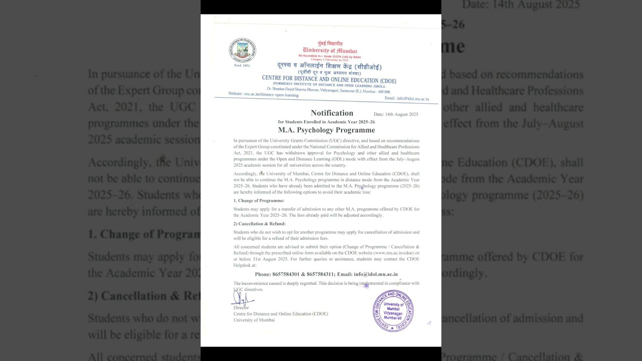 Mumbai University CDOE Update | M.A. Psychology Admission Cancelled for 2025-26