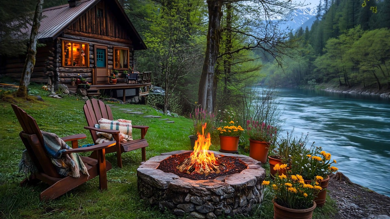 Relax at a Forest Cabin 🌿 Birdsong, Fire Crackles & River Sounds