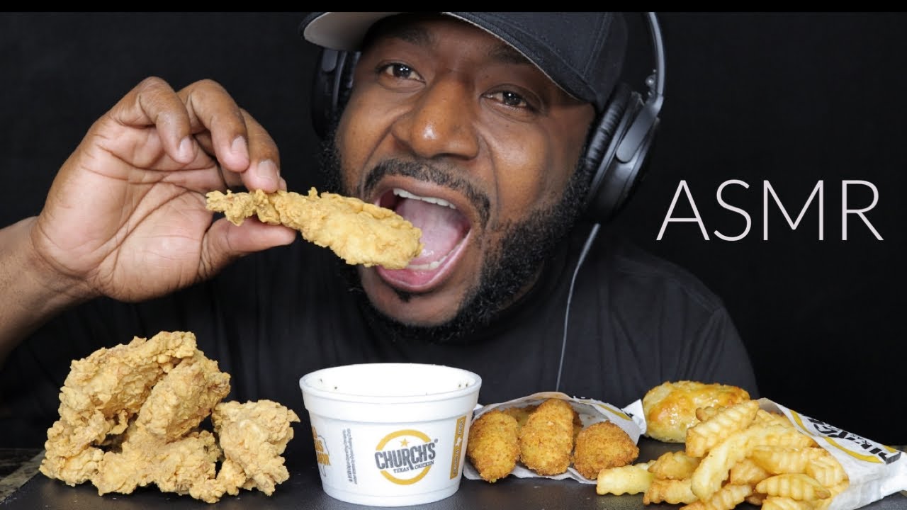 ASMR EATING CHURCHES CHICKEN STRIPS, WHITE GRAVY, FRENCH FRIES & JALP CHEESE BOMBERS. TCASMR