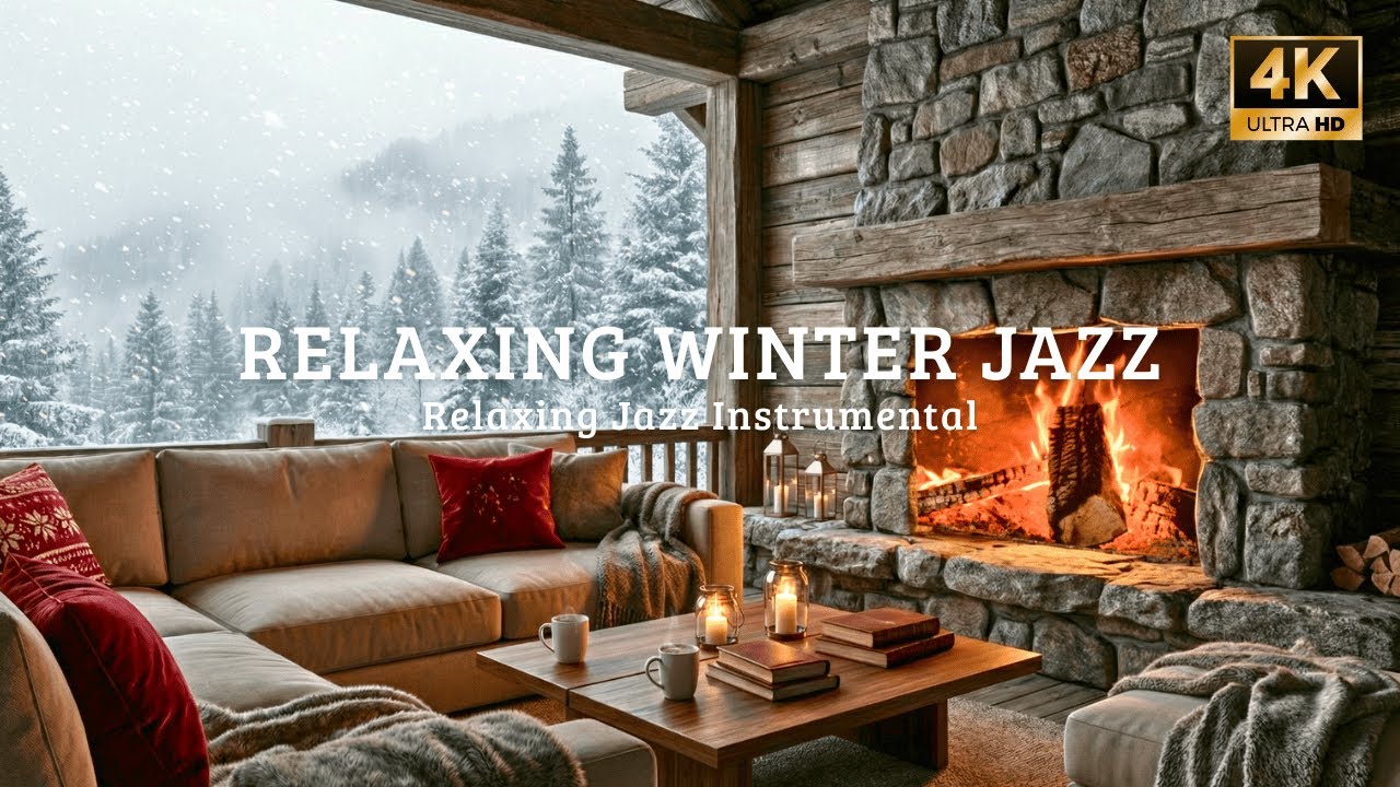 🔴 Magical Snowfall Cabin ❄️ Warm Jazz Music & Fireplace for Deep Relaxation