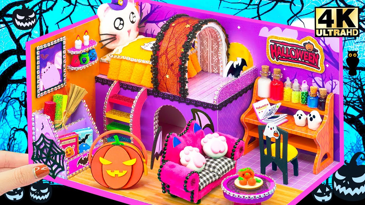 Build Miniature Halloween House with Cute Bedroom for Kitten Cat 🎃 DIY Miniature Cardboard House