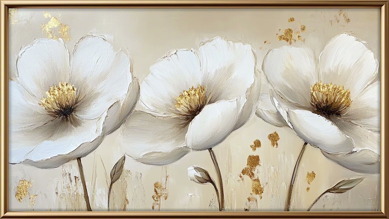 3 Flowers Gold and White Oil Painting for TV Art Display | Elegant Golden Frame Wall Decor | 2H