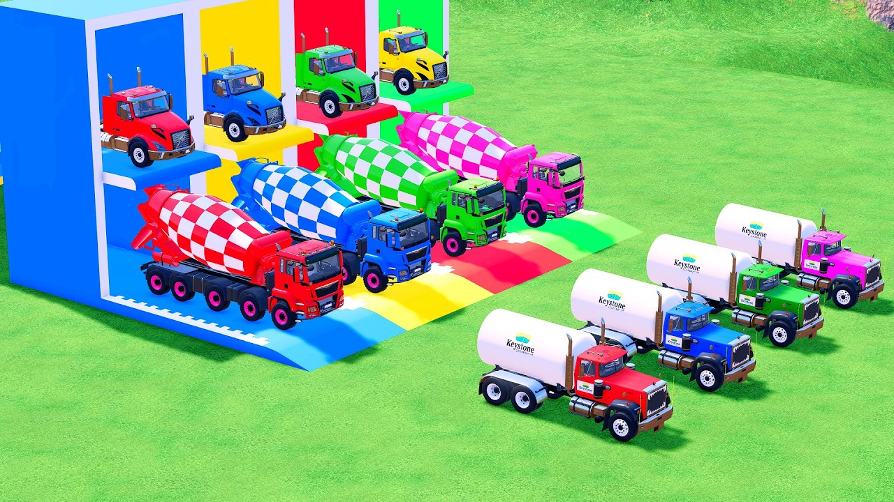 Garage with Colors - ALL MIXER TRUCK WITH DOUBLE FLATBED TRAILER TRUCK, VOLVO, MERCEDES, LIZARD