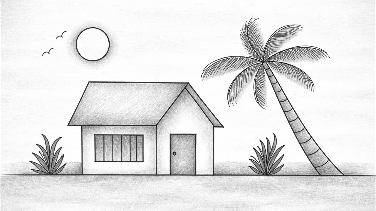 Very Easy House Scenery Drawing | Coconut Tree Drawing Easy | Nature Drawing for Beginners |