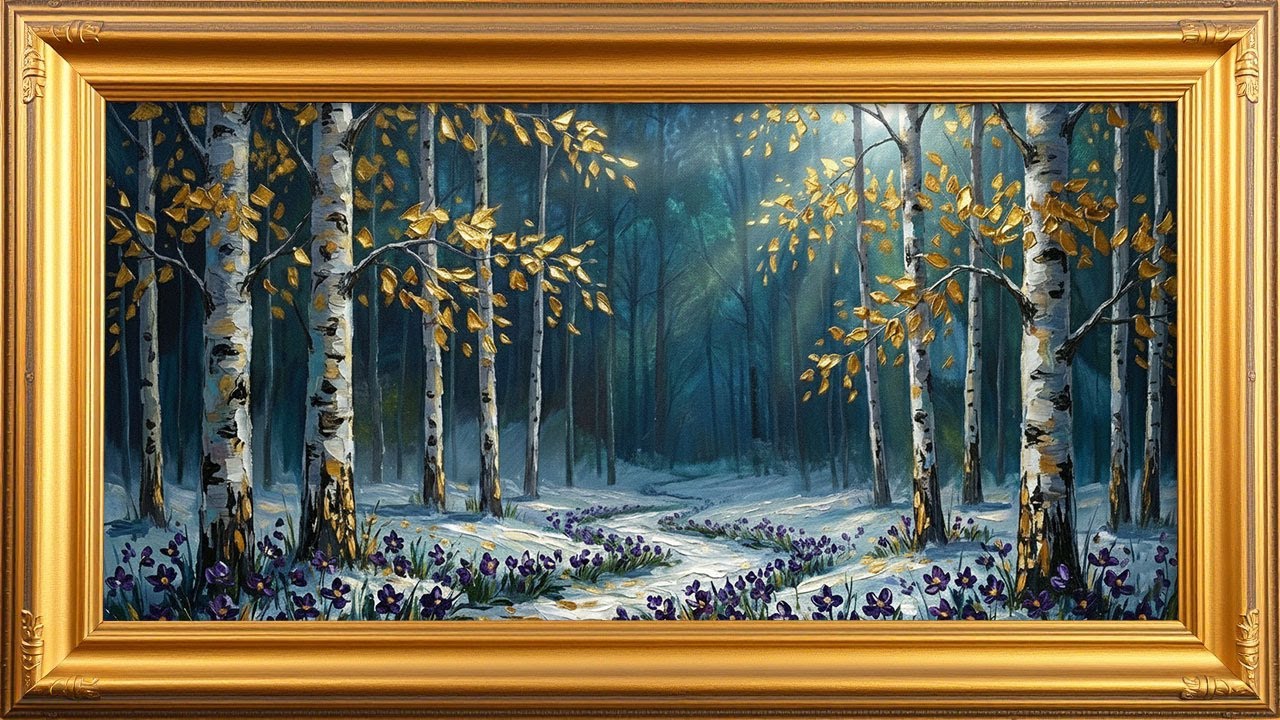 Golden Winter Forest Glow — Magical Birch Trees (4K Frame TV Art) | SSM ART