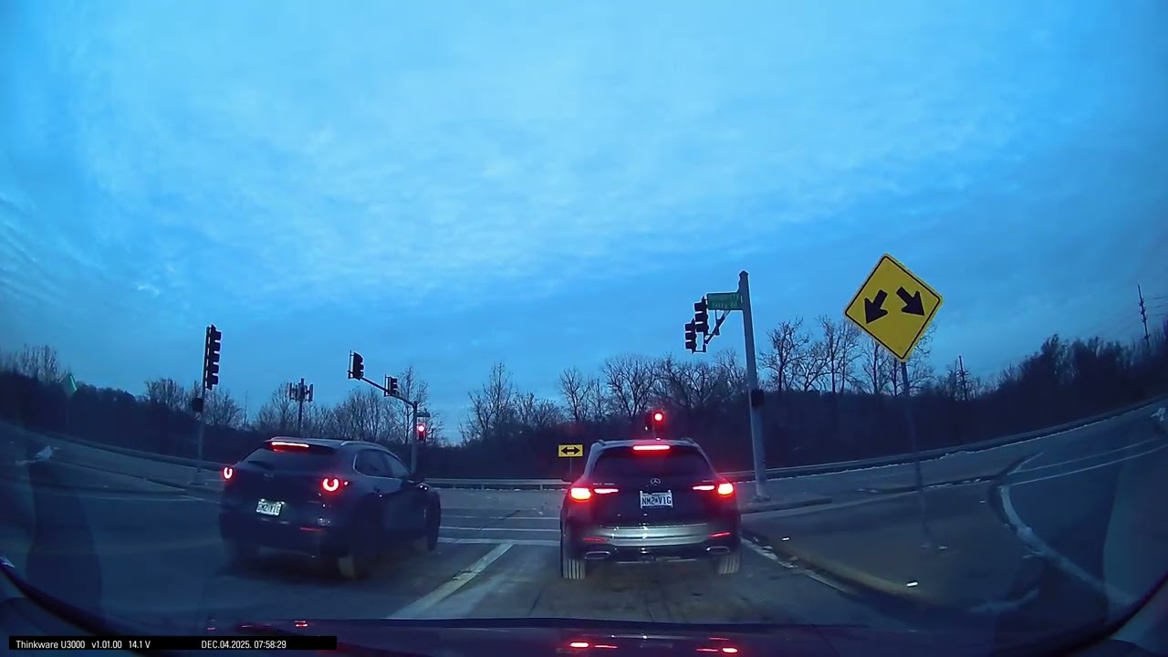 POV nearly dark early a.m. drive on city streets to I-270 in St. Louis Co., MO on 12/4/25